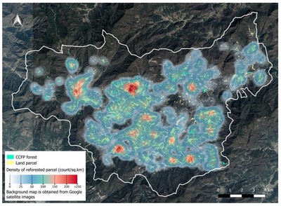 Spatially explicit outcome of ABM-CALM: heatmap of tree planting